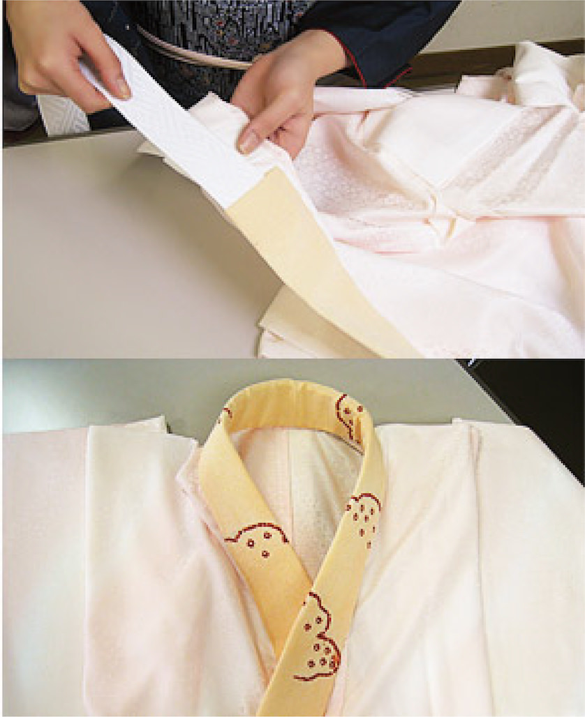 衿芯を長襦袢の内側の衿に差し込んで、完成です。